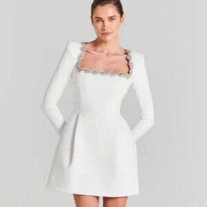 Rhinestone Square Neck Long Sleeve Pleated Jersey Party Mini Dress - White